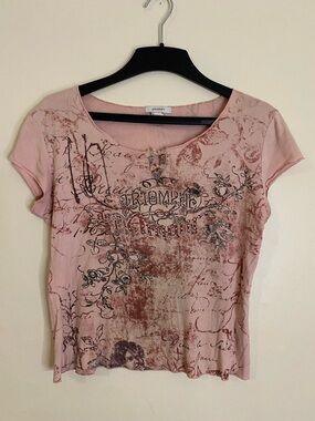 dressbarn Cotton Dusty Pink Short-Sleeve beaded  Graphic Scoop Neck Tee large